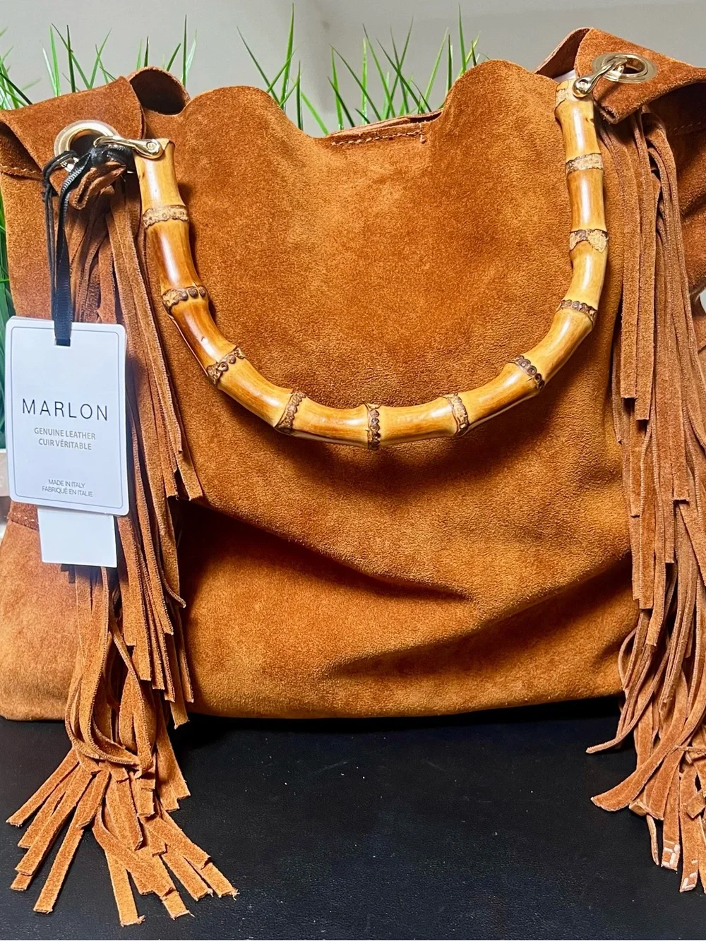 MARLON Firenze Italian Suede Fringe Hobo Tote Bag With Bamboo Handle